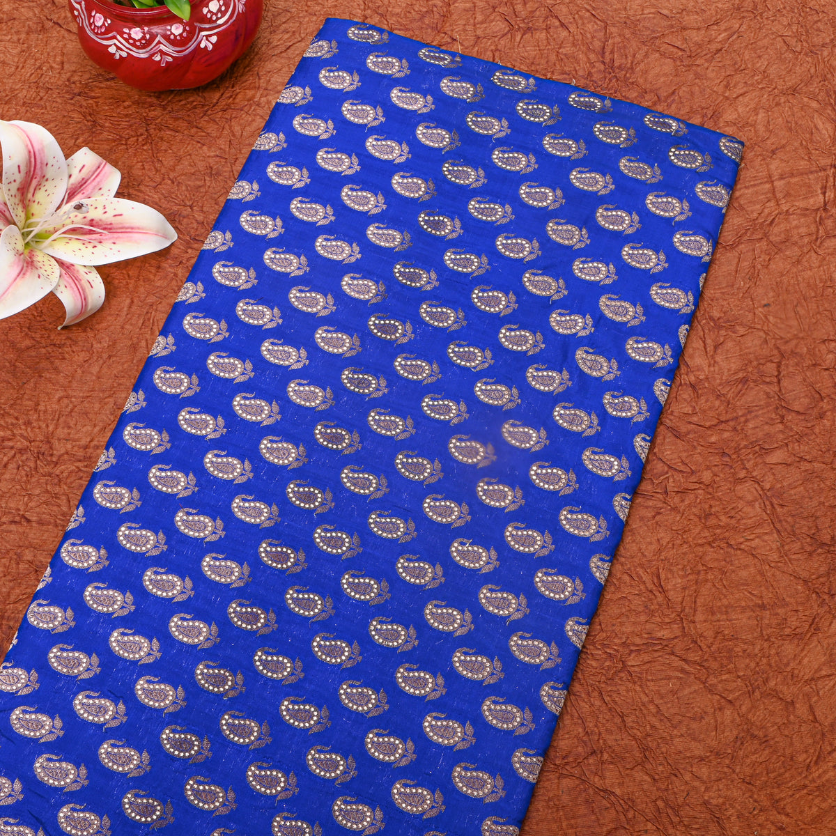 Azure Blue With Silver Zari Butti Banarasi  Silk Fabric