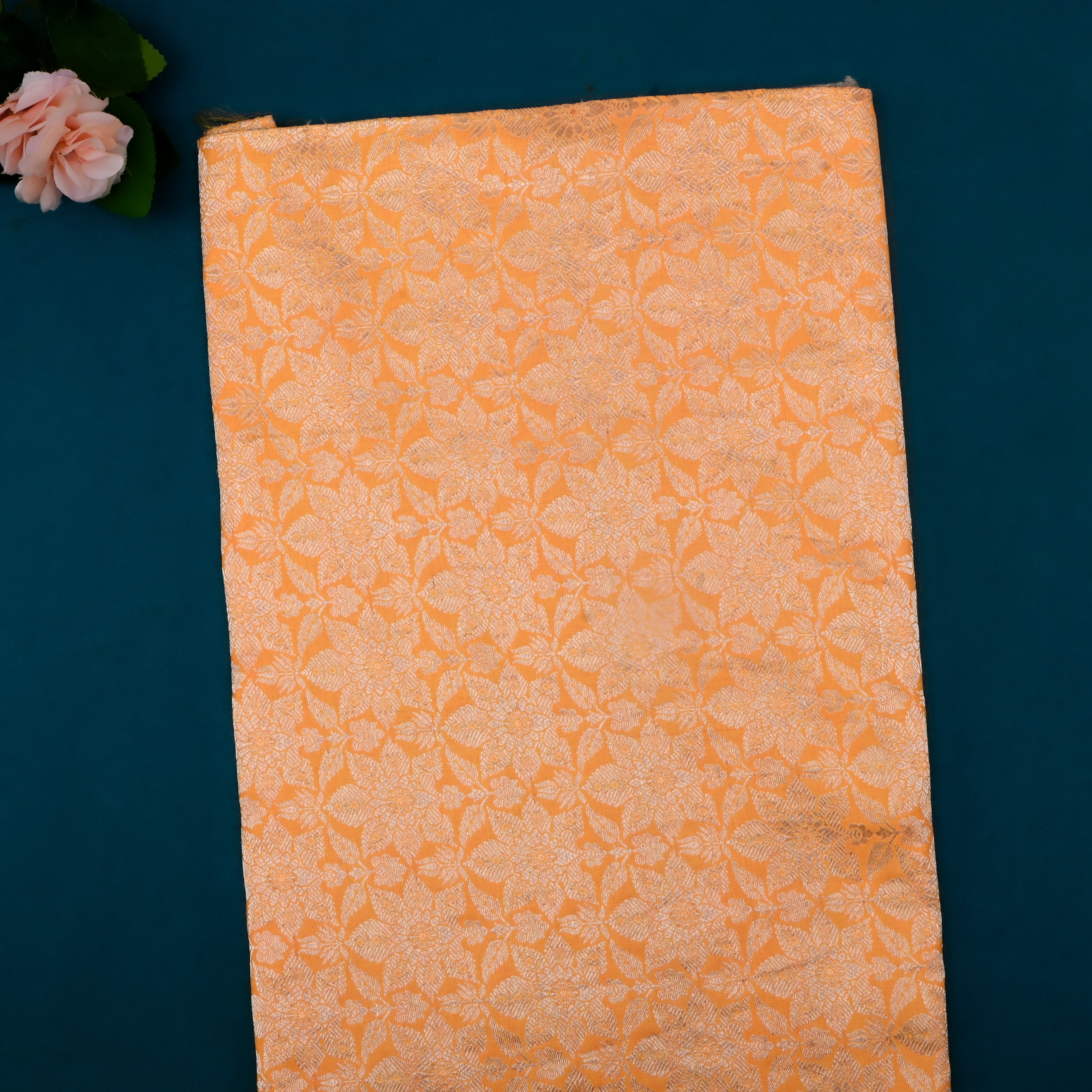 Light Orange Jamawar Silk Fabric With Floral Jaal