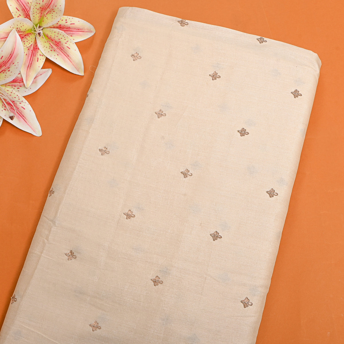 Ivory White Zari Butti Tussar Fabric