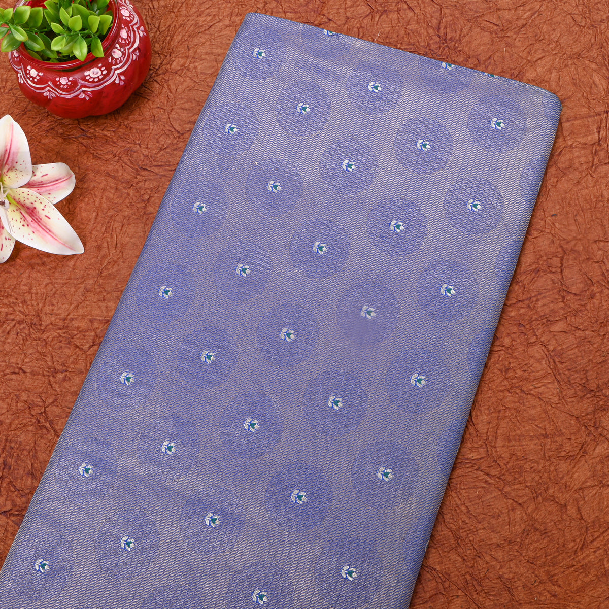 Periwinkle Silver Zai Floral Butti Self Weave Banarasi Silk Fabric