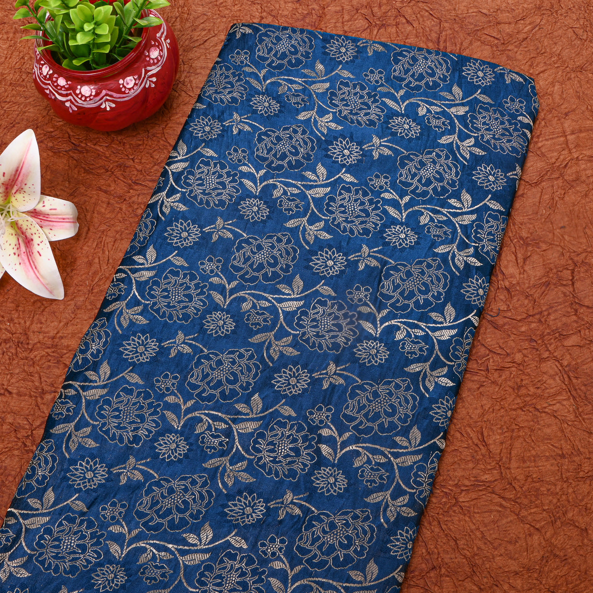 Royal Blue Gold ZariFloral Jaal Jamawar Silk Fabric