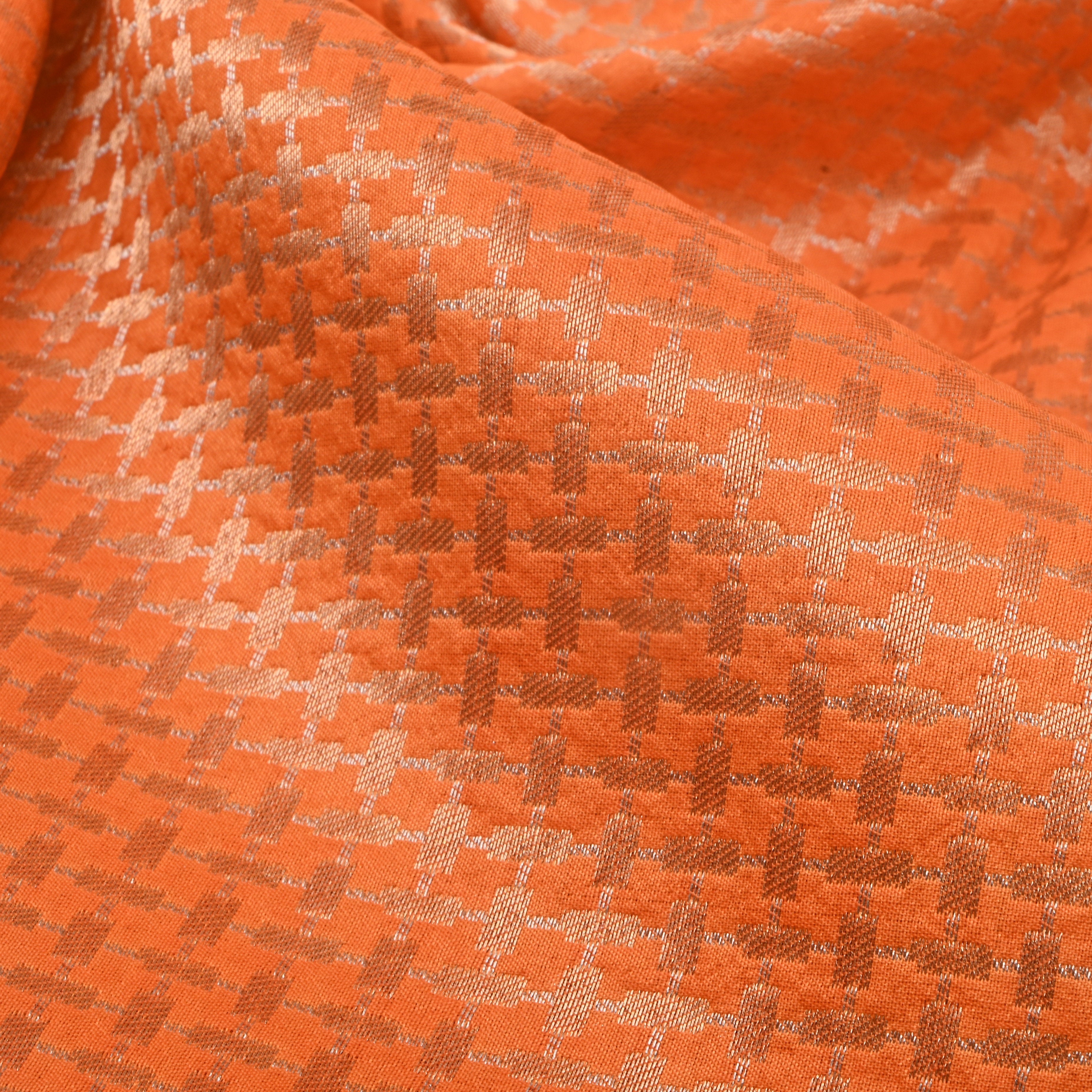 Orange Jamawar Silk Fabric With Checks Pattern