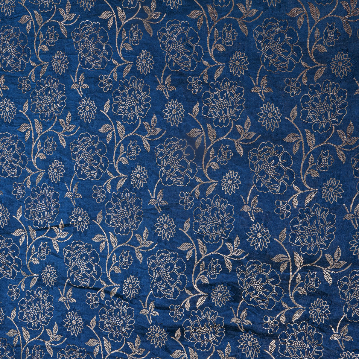 Royal Blue Gold ZariFloral Jaal Jamawar Silk Fabric