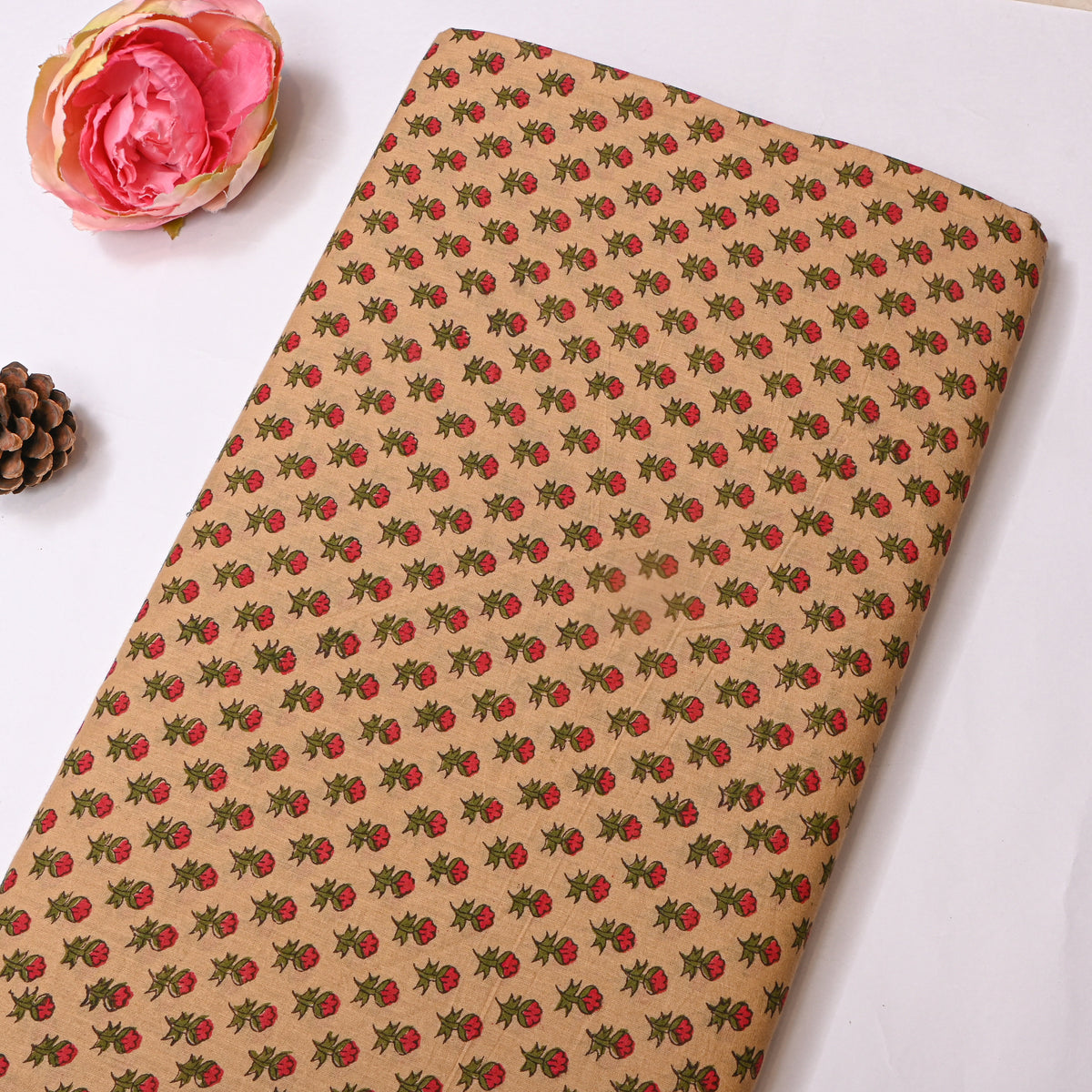 Ochre Red Bud Floral Print Fabric