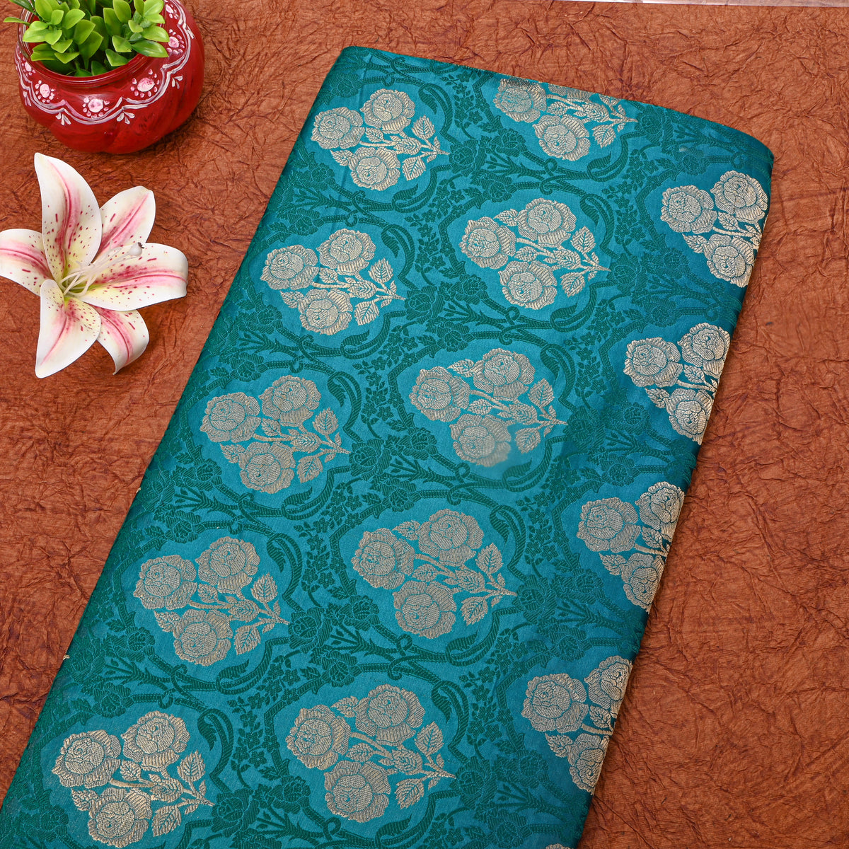 Water Blue Rose Trellis Self Weave Jamawar Silk Fabric
