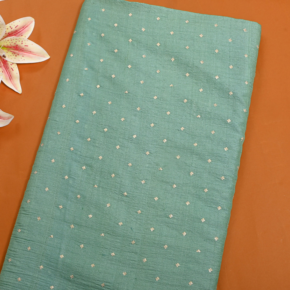 Seafoam Green Gold Sequin Butti Tussar Fabric