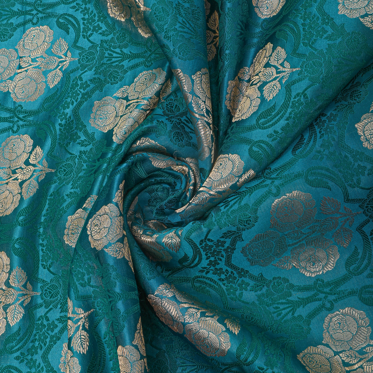 Water Blue Rose Trellis Self Weave Jamawar Silk Fabric