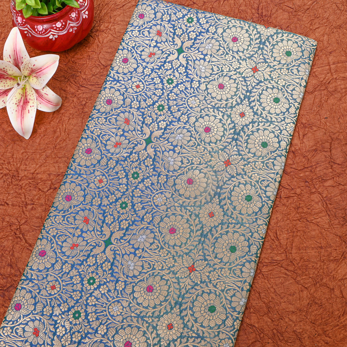 Cobalt Blue Dual Tone Zari Meenakari Floral Weave Banarasi Silk Fabric