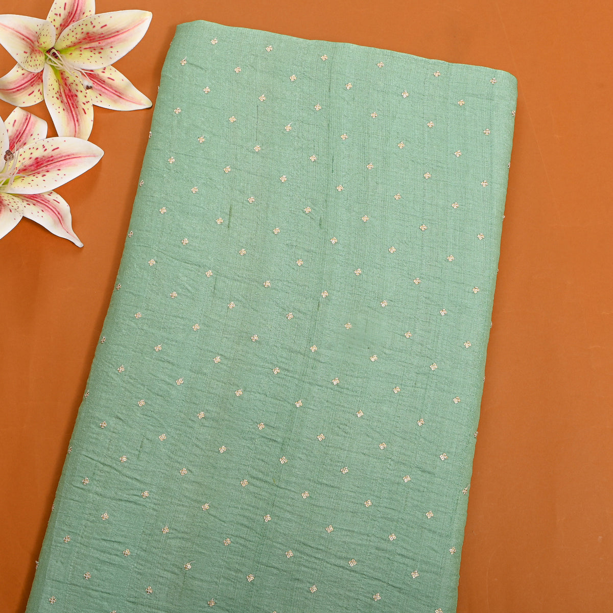 Pastel Green Gold Sequin Butti Tussar Fabric