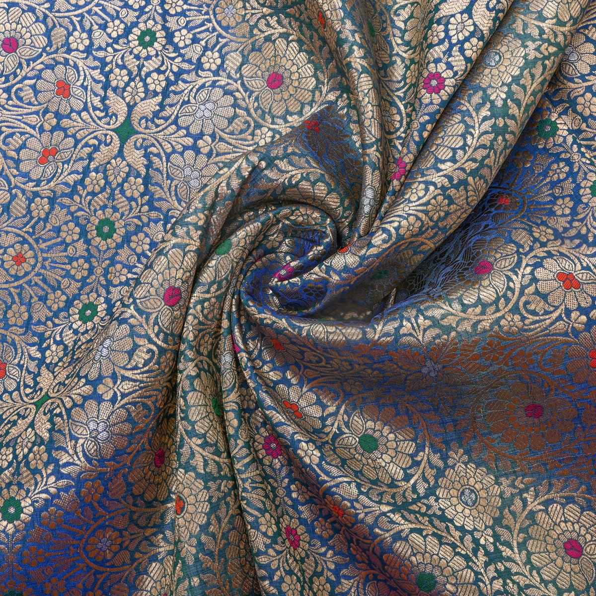 Cobalt Blue Dual Tone Zari Meenakari Floral Weave Banarasi Silk Fabric