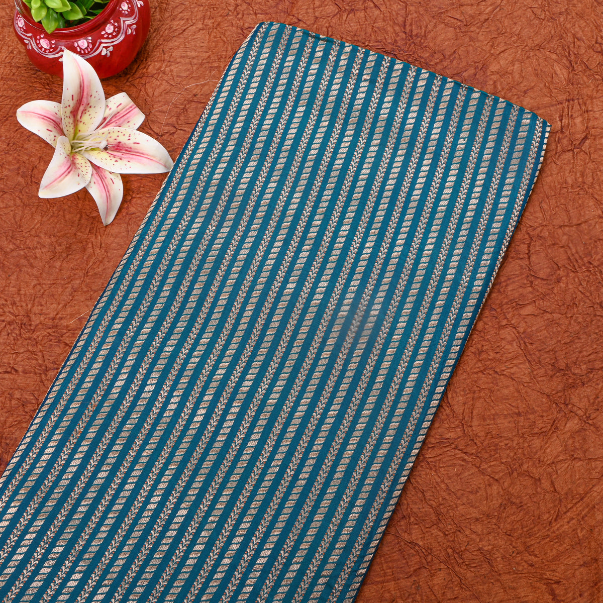 Peacock Blue Silver Striped Leaf Weave Banarasi Silk Fabric