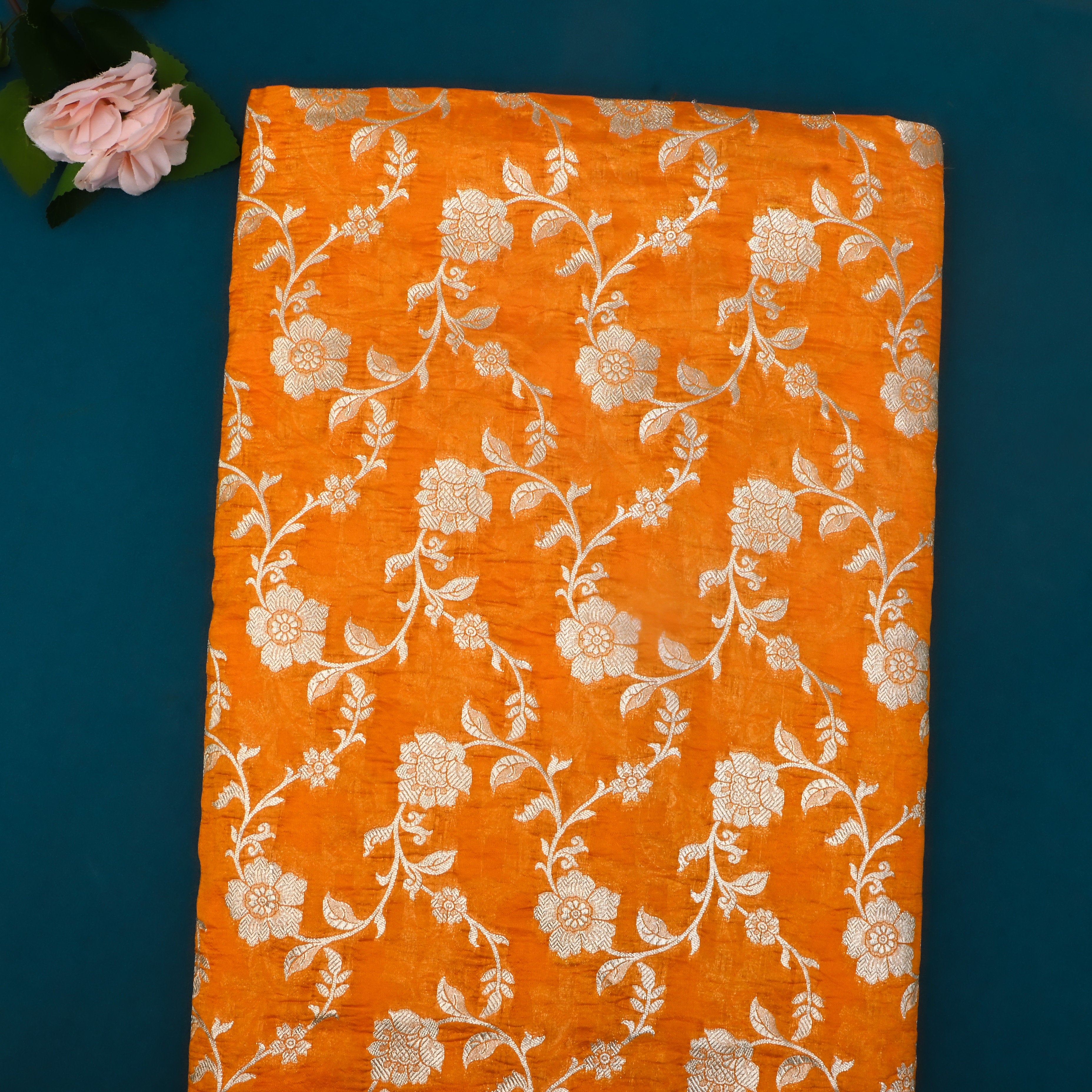 Tahiti Gold Orange Jamawar Silk Fabric With Floral Jaal
