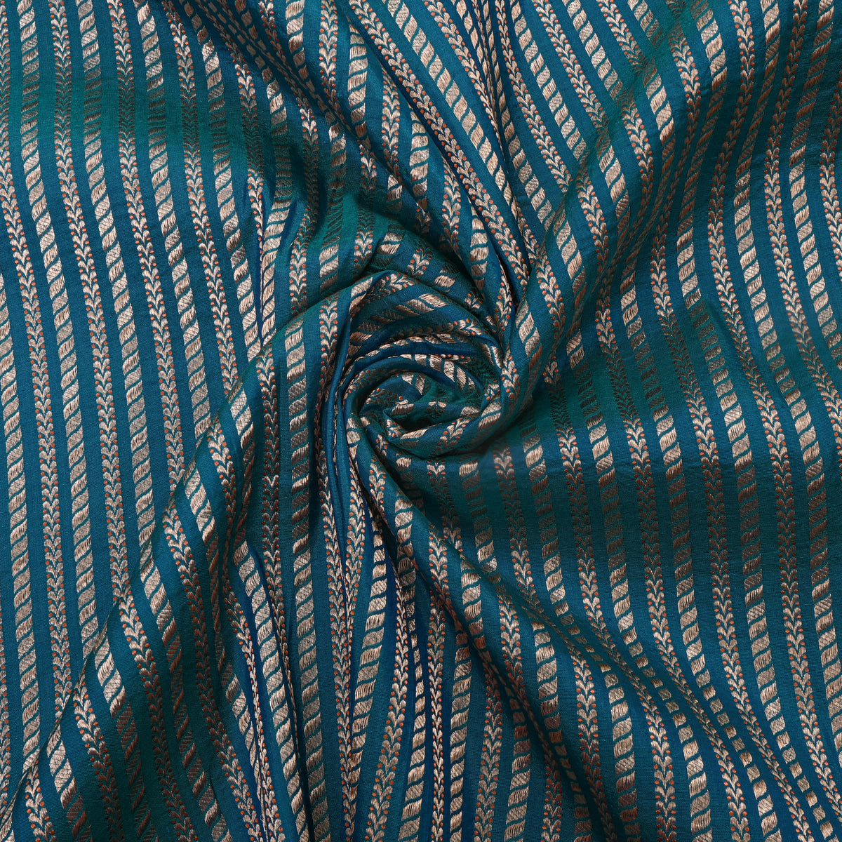 Peacock Blue Silver Striped Leaf Weave Banarasi Silk Fabric