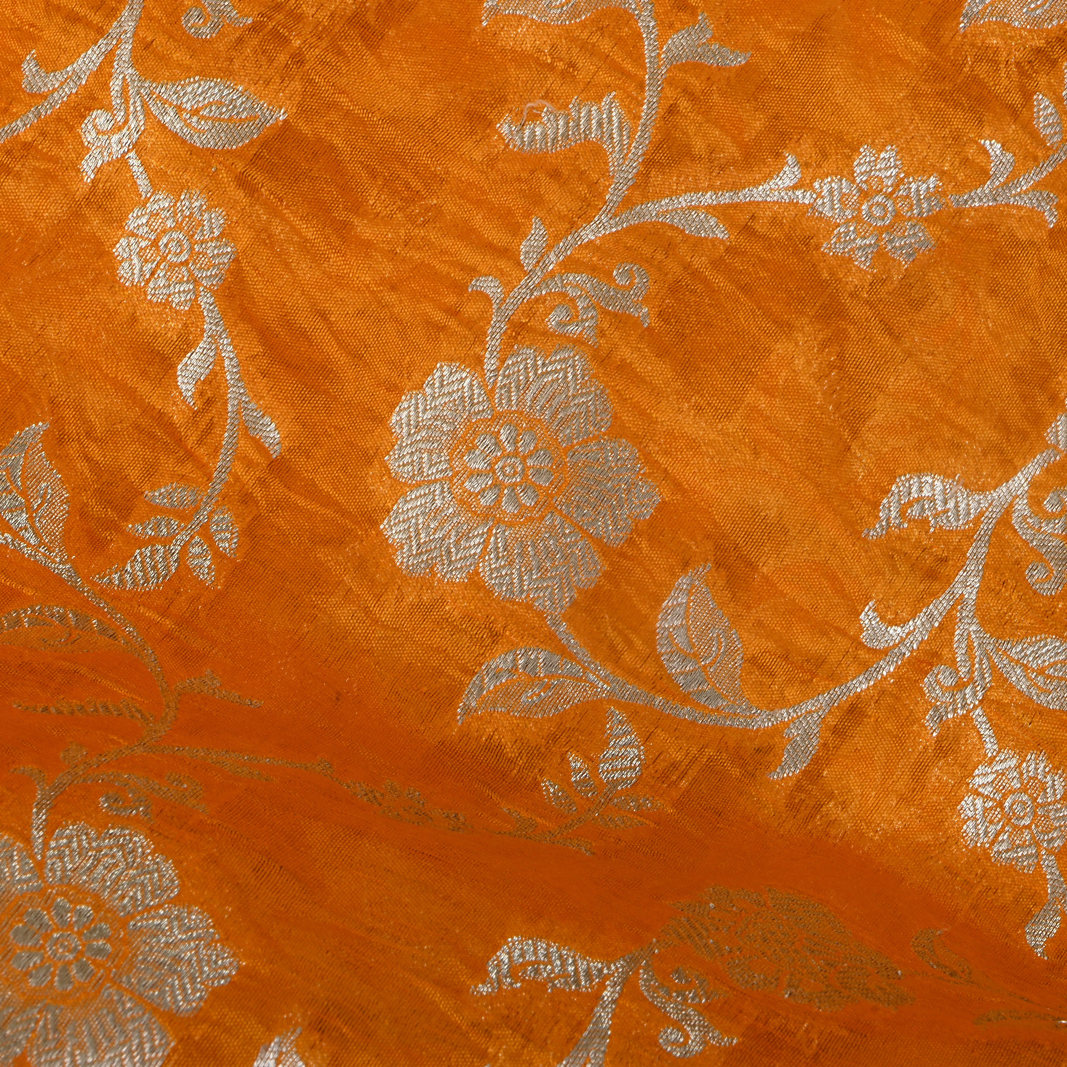 Tahiti Gold Orange Jamawar Silk Fabric With Floral Jaal
