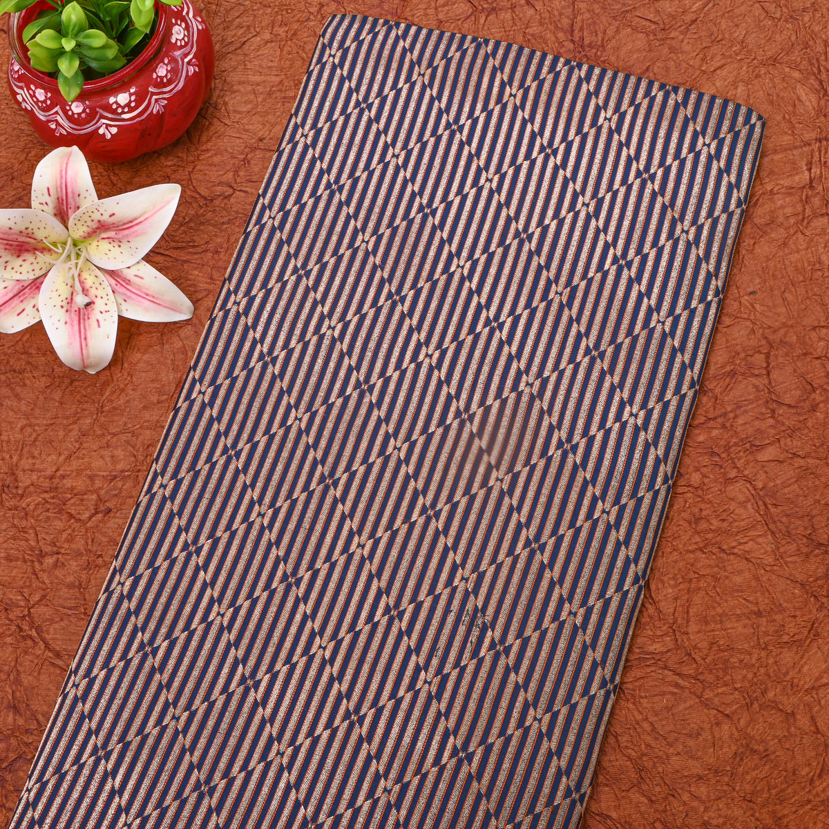 Peocock Blue Checks Illusion Stripes Jamawar Silk Fabric