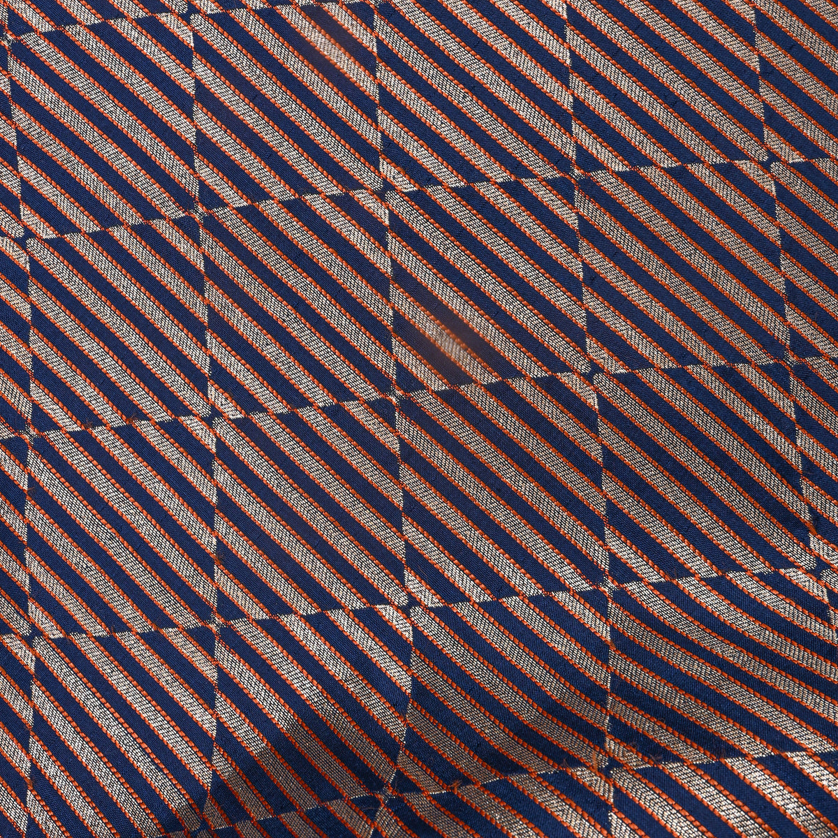 Peocock Blue Checks Illusion Stripes Jamawar Silk Fabric