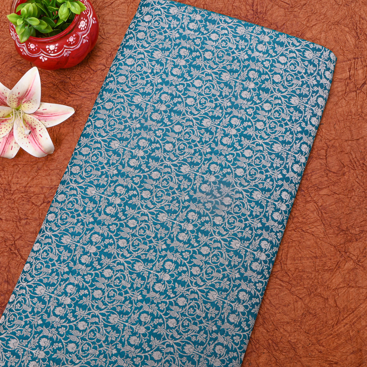 Ocean Teal Jamawar Silk Fabric With Gold Zari Brocade Weave