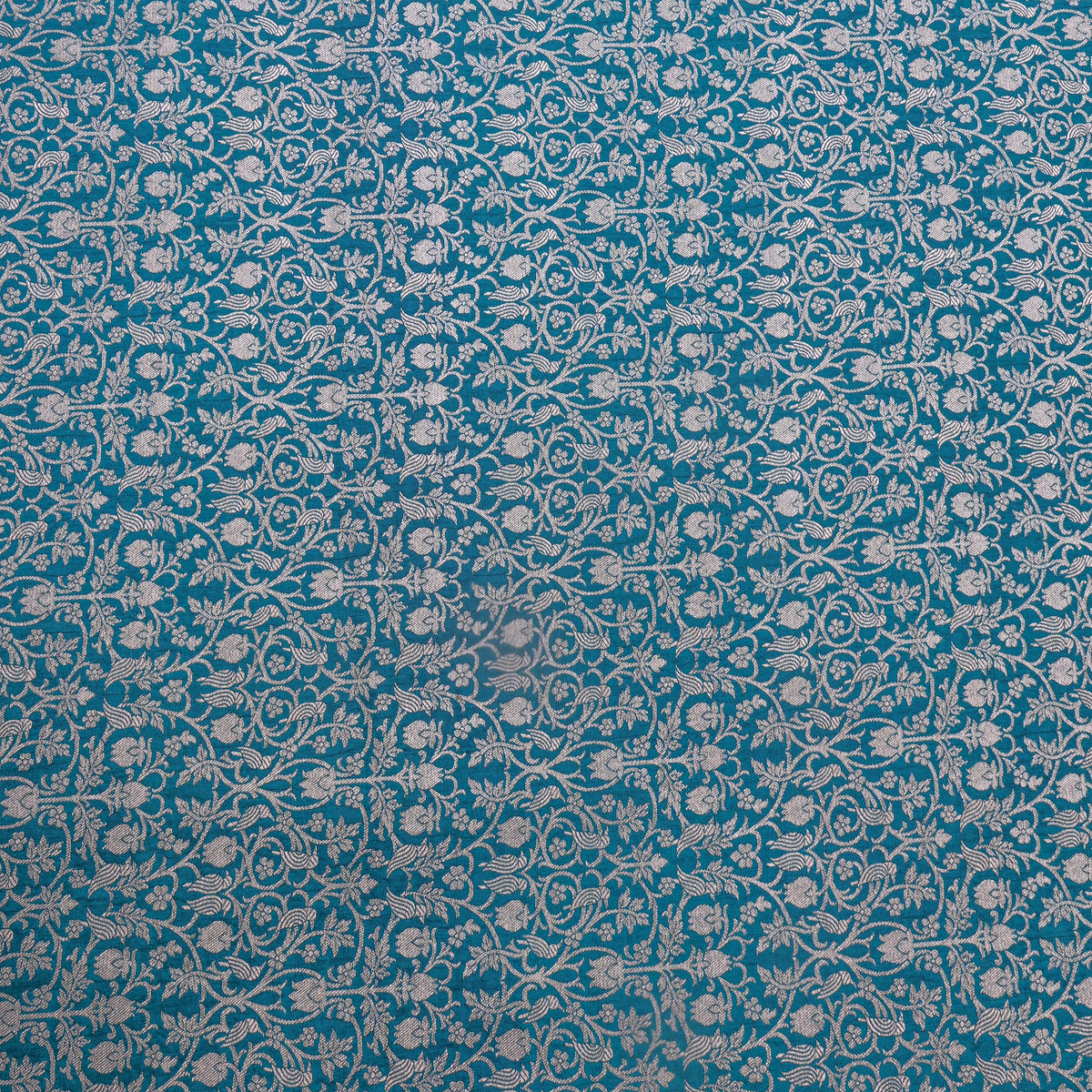 Ocean Teal Jamawar Silk Fabric With Gold Zari Brocade Weave
