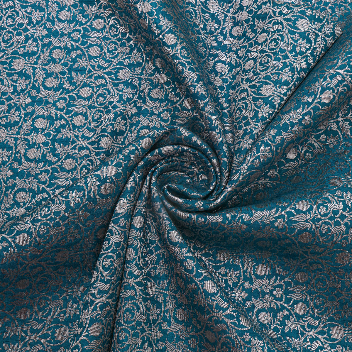 Ocean Teal Jamawar Silk Fabric With Gold Zari Brocade Weave