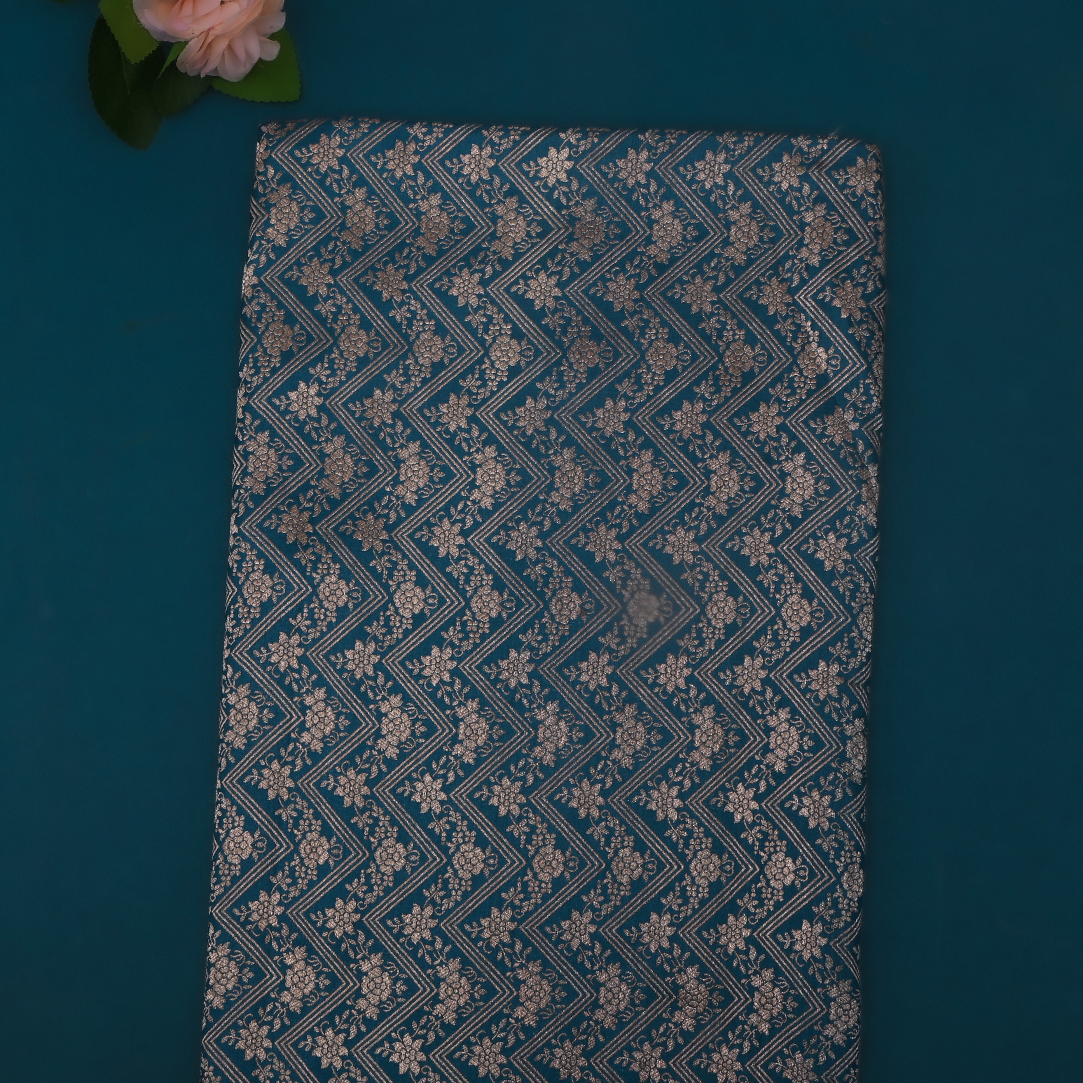 Nile Blue Jamawar Silk Fabric With Floral Design