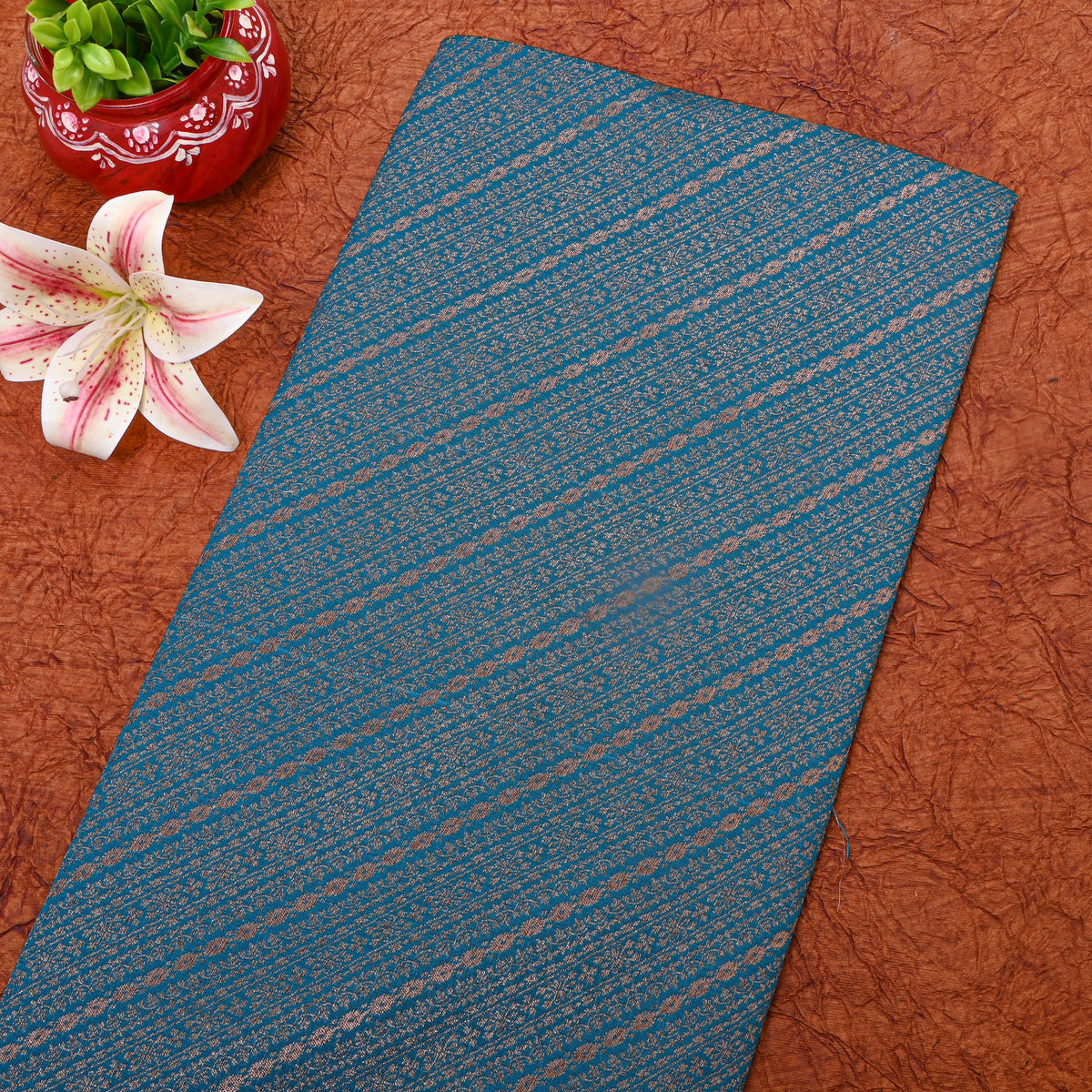 Teal Blue Gold Zari Butti Motif Banarasi Silk Fabric