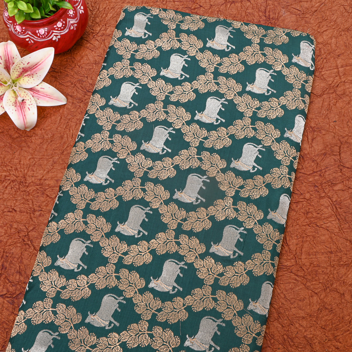 Teal Green Dual Tone Cow Motif Jamawar Silk Fabric