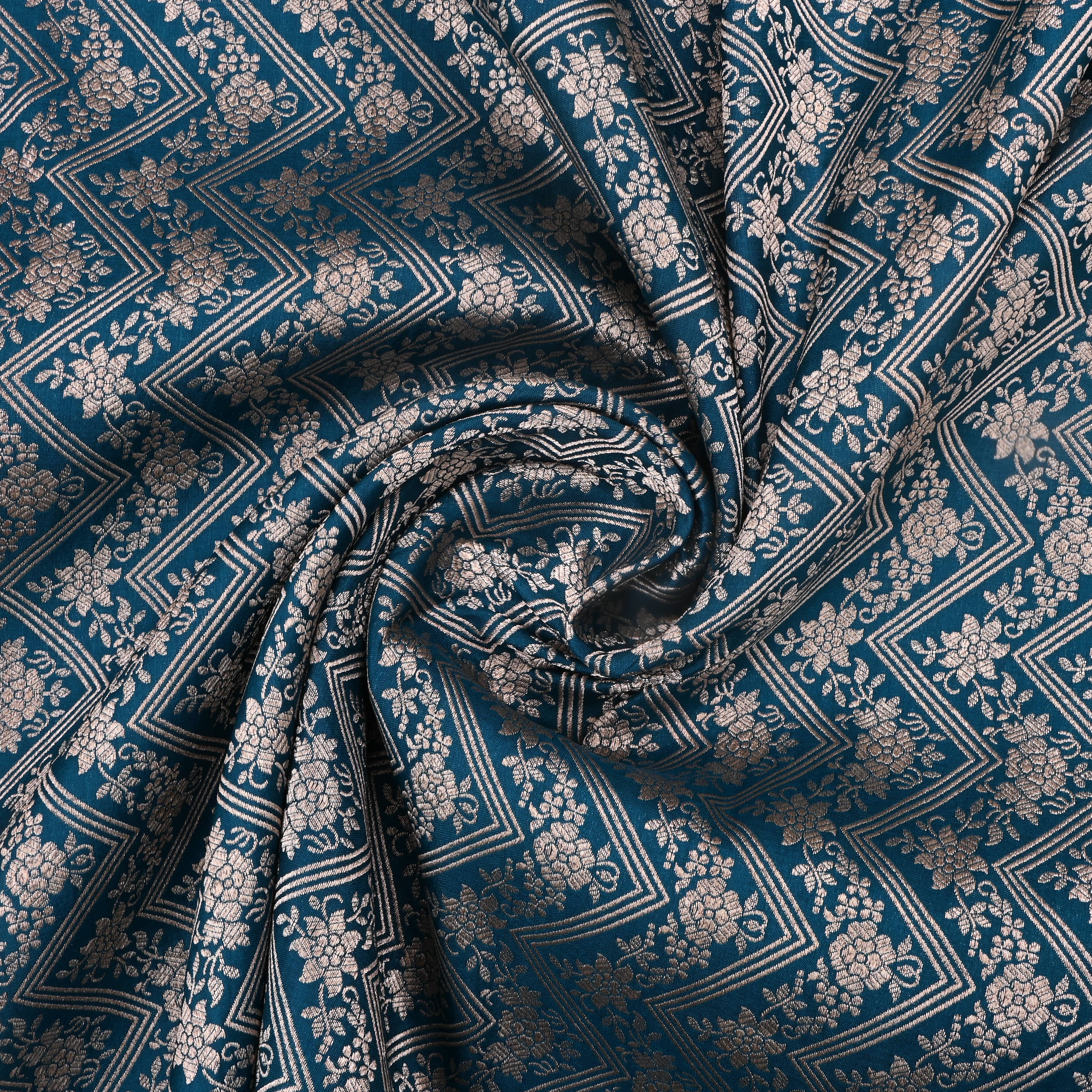 Nile Blue Jamawar Silk Fabric With Floral Design