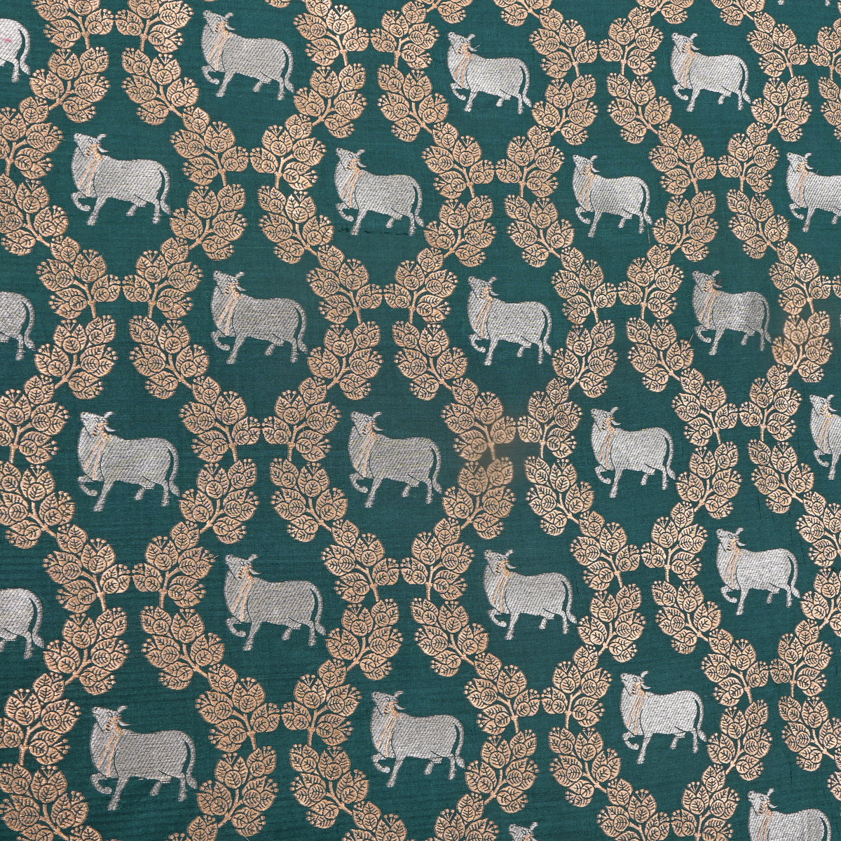 Teal Green Dual Tone Cow Motif Jamawar Silk Fabric
