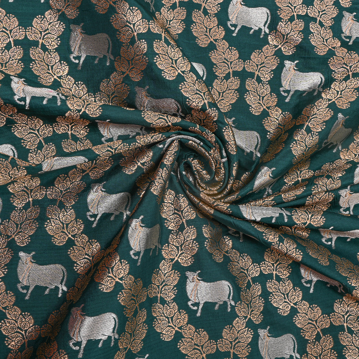 Teal Green Dual Tone Cow Motif Jamawar Silk Fabric
