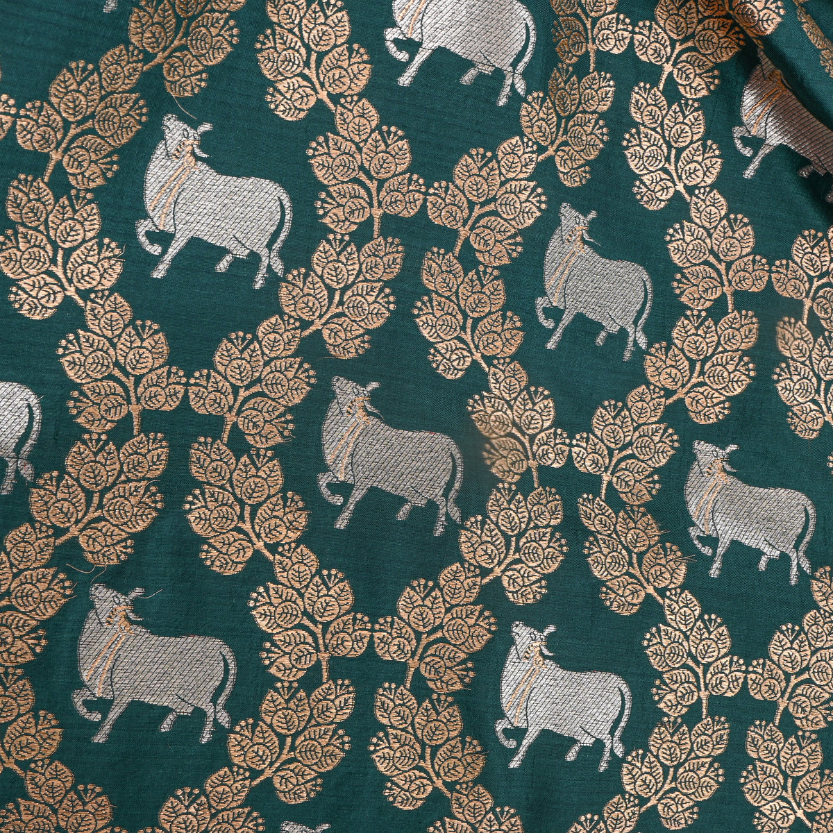 Teal Green Dual Tone Cow Motif Jamawar Silk Fabric