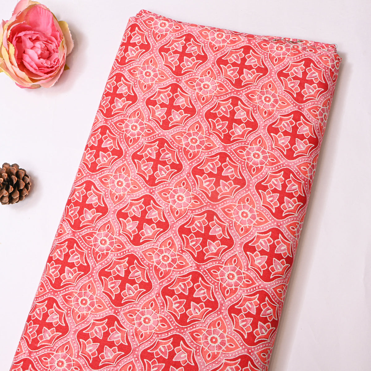 Coral Red Geometric Diamond Handloom Cotton Fabric