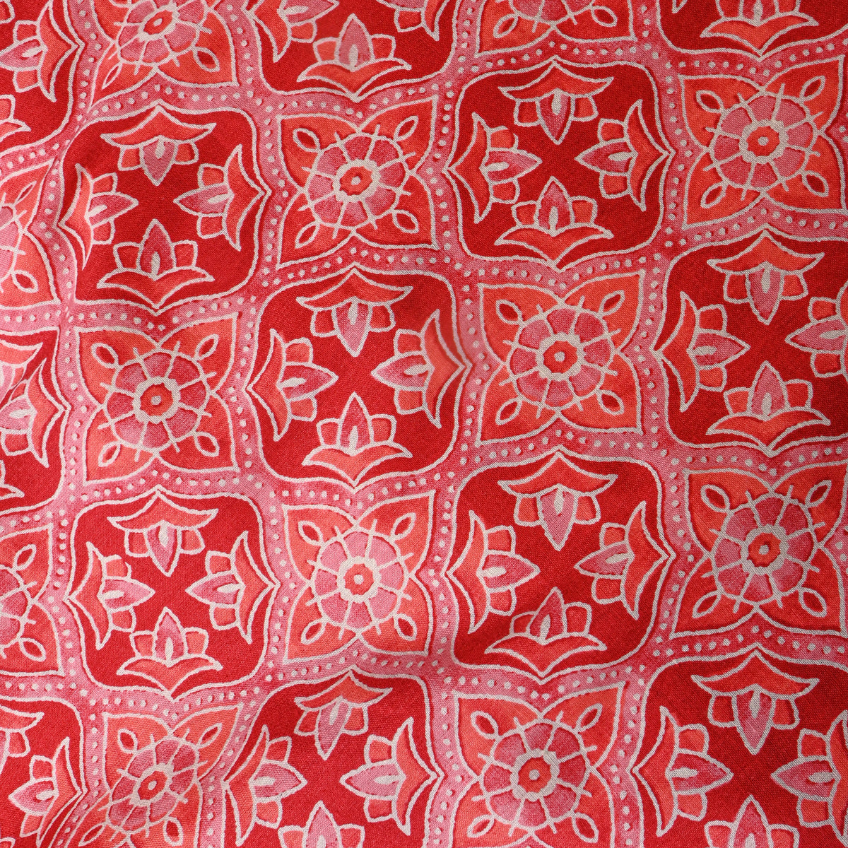 Coral Red Geometric Diamond Handloom Cotton Fabric