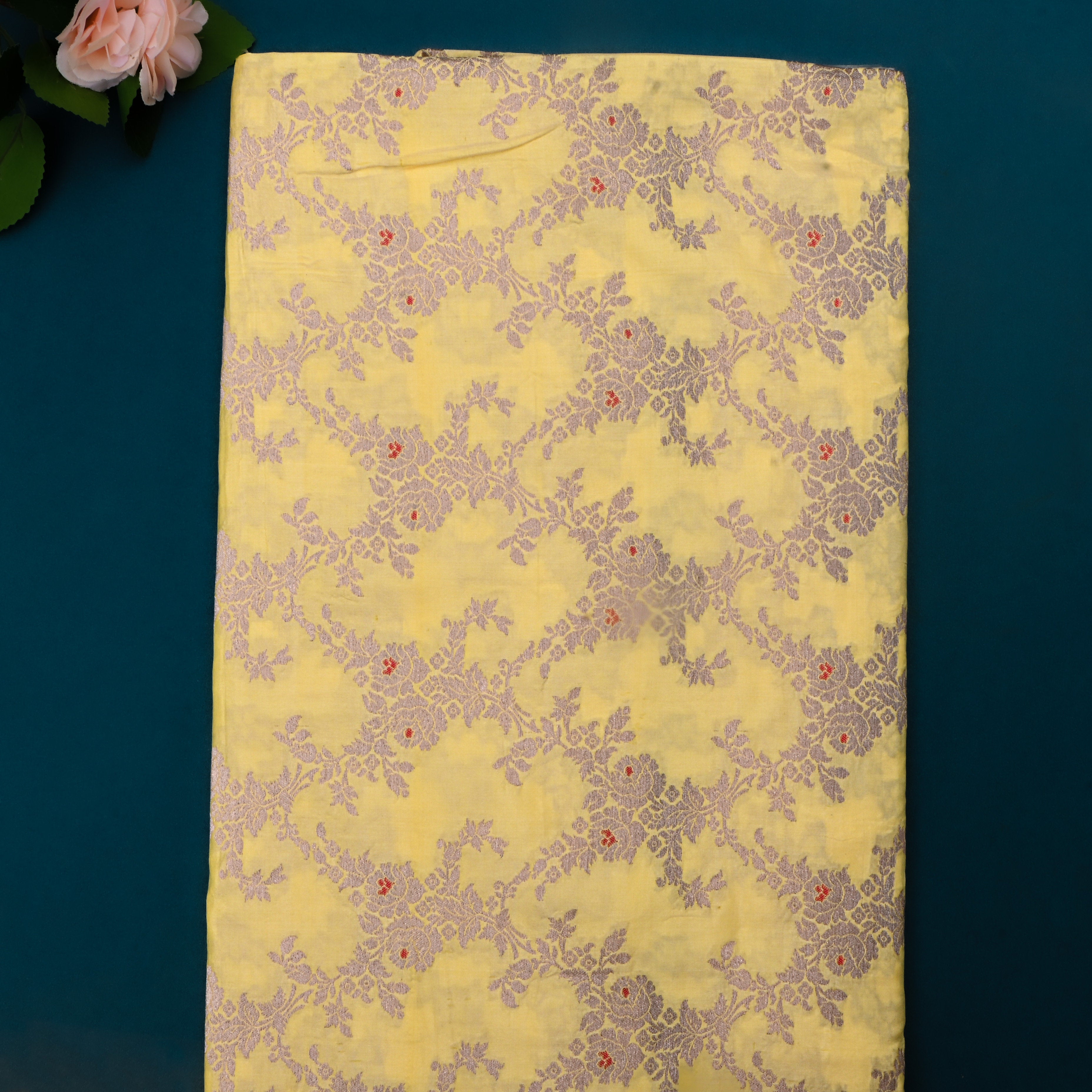 Sand Yellow Jamawar Silk Fabric With Floral Jaal