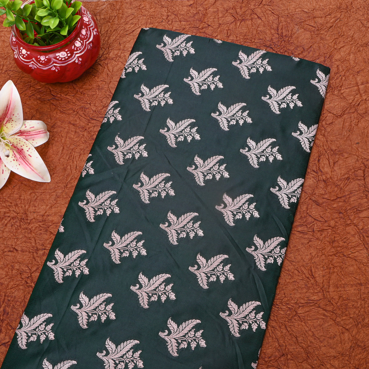 Bottle Green Silver Fern Floral Self Weave Banarasi Silk Fabric