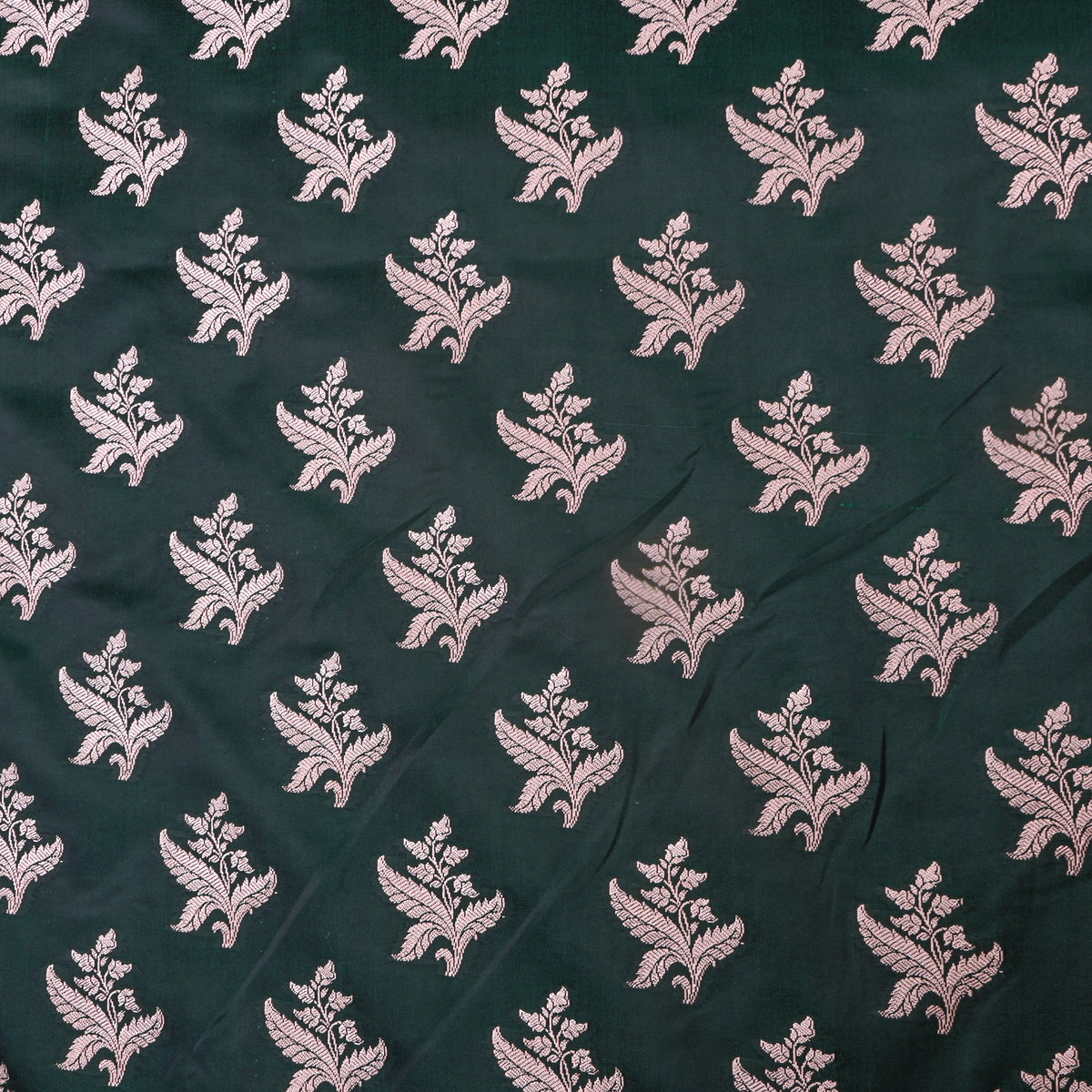 Bottle Green Silver Fern Floral Self Weave Banarasi Silk Fabric