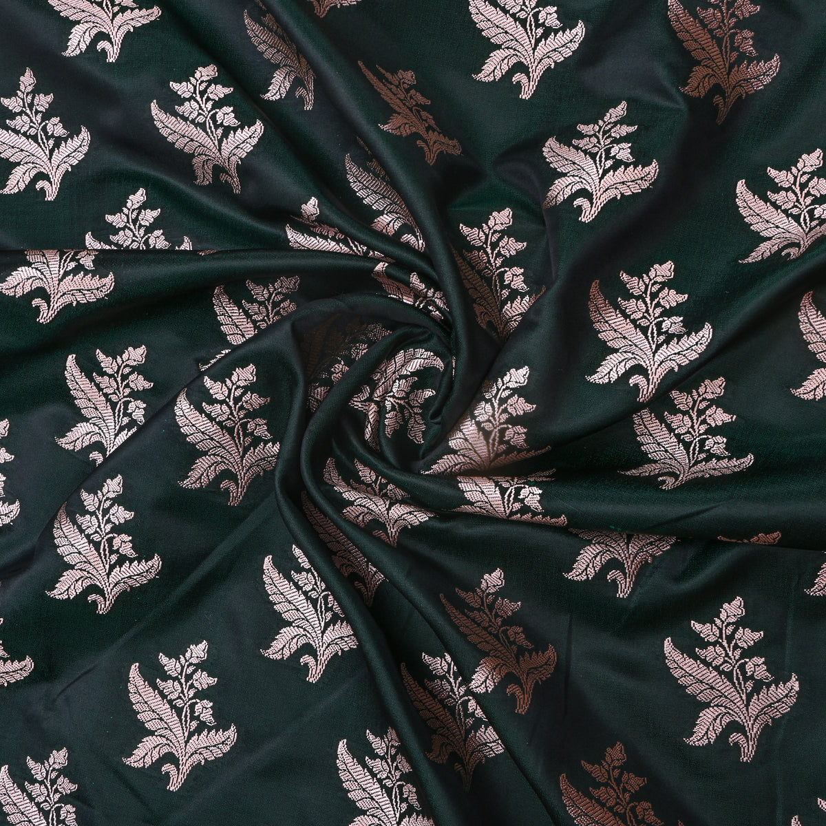 Bottle Green Silver Fern Floral Self Weave Banarasi Silk Fabric