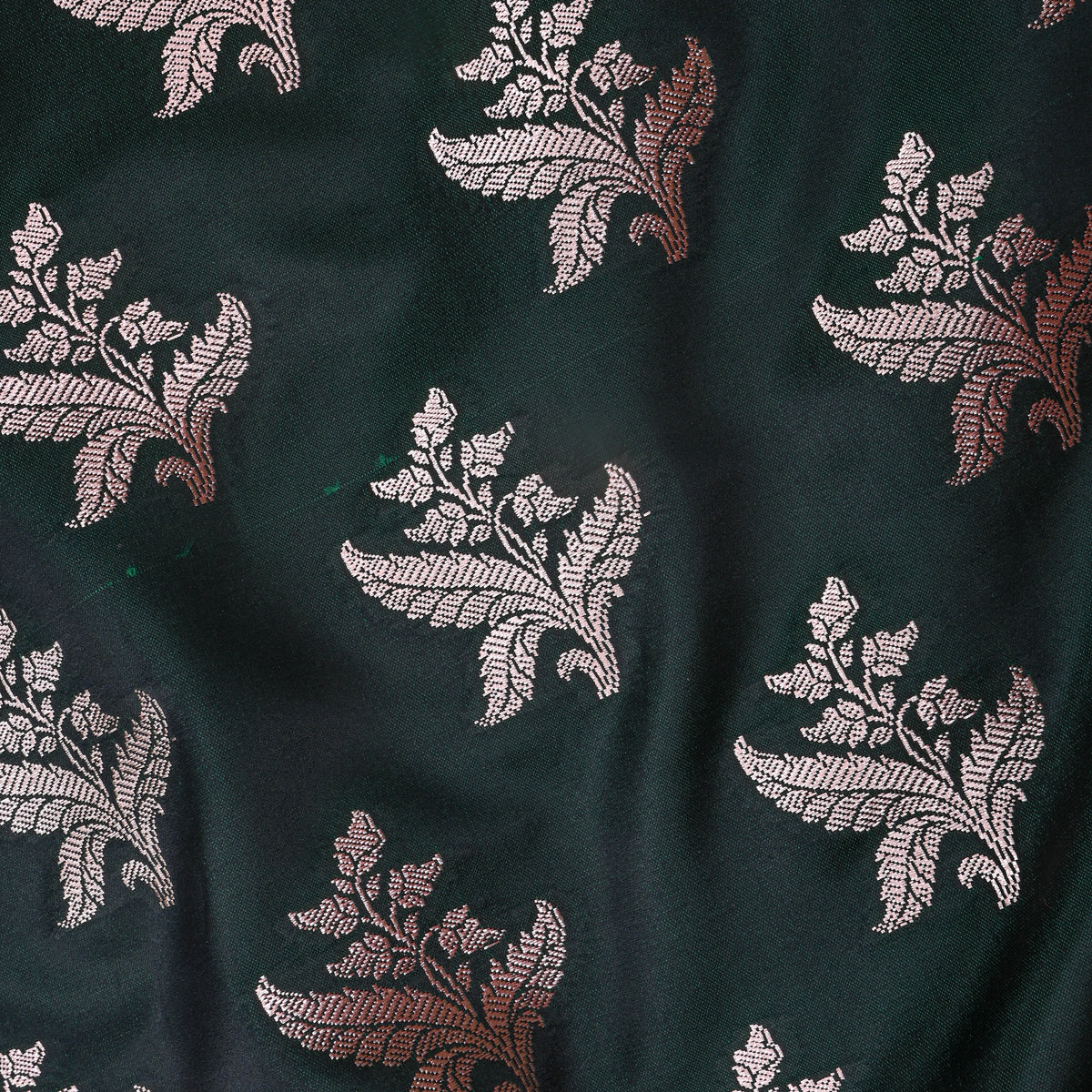 Bottle Green Silver Fern Floral Self Weave Banarasi Silk Fabric