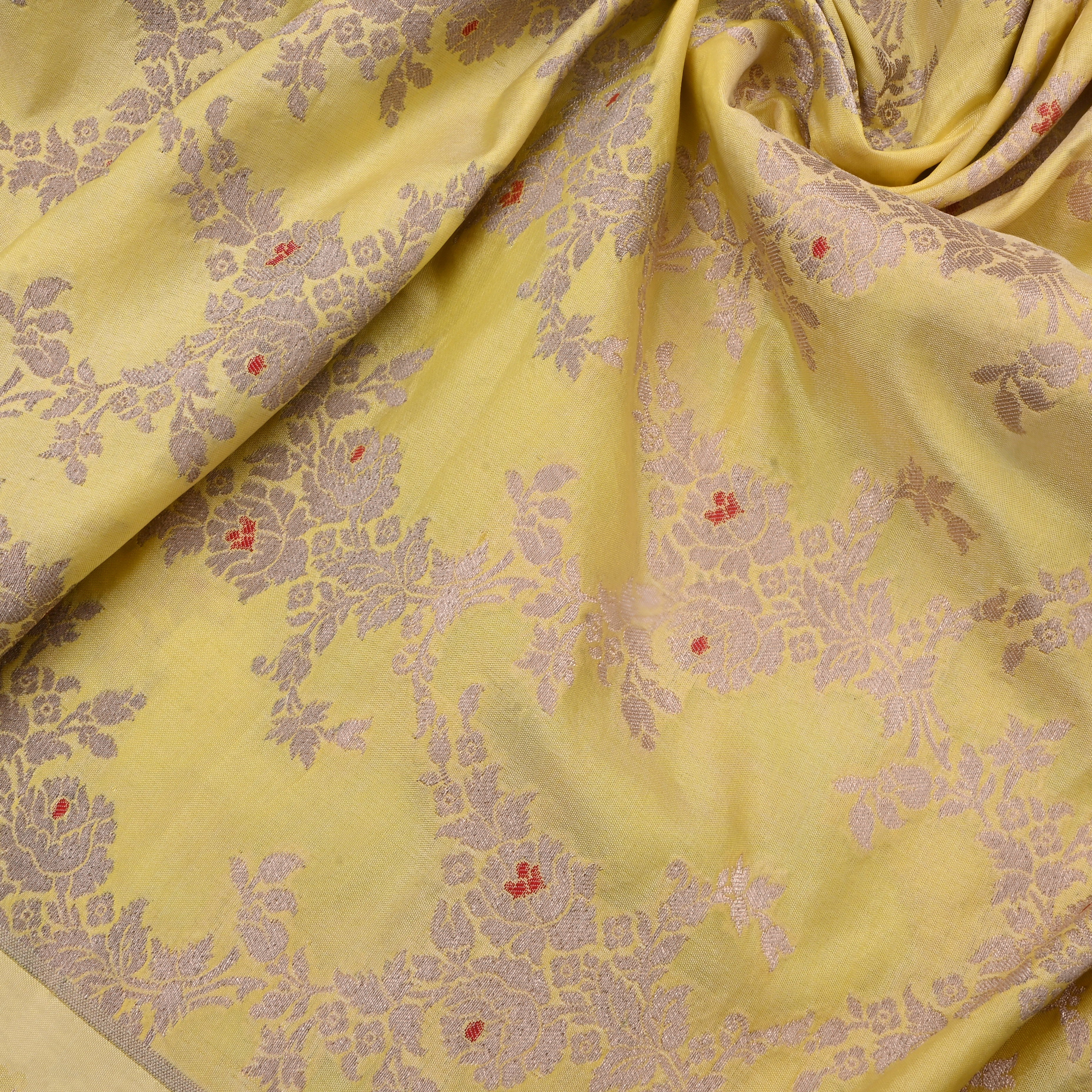 Sand Yellow Jamawar Silk Fabric With Floral Jaal