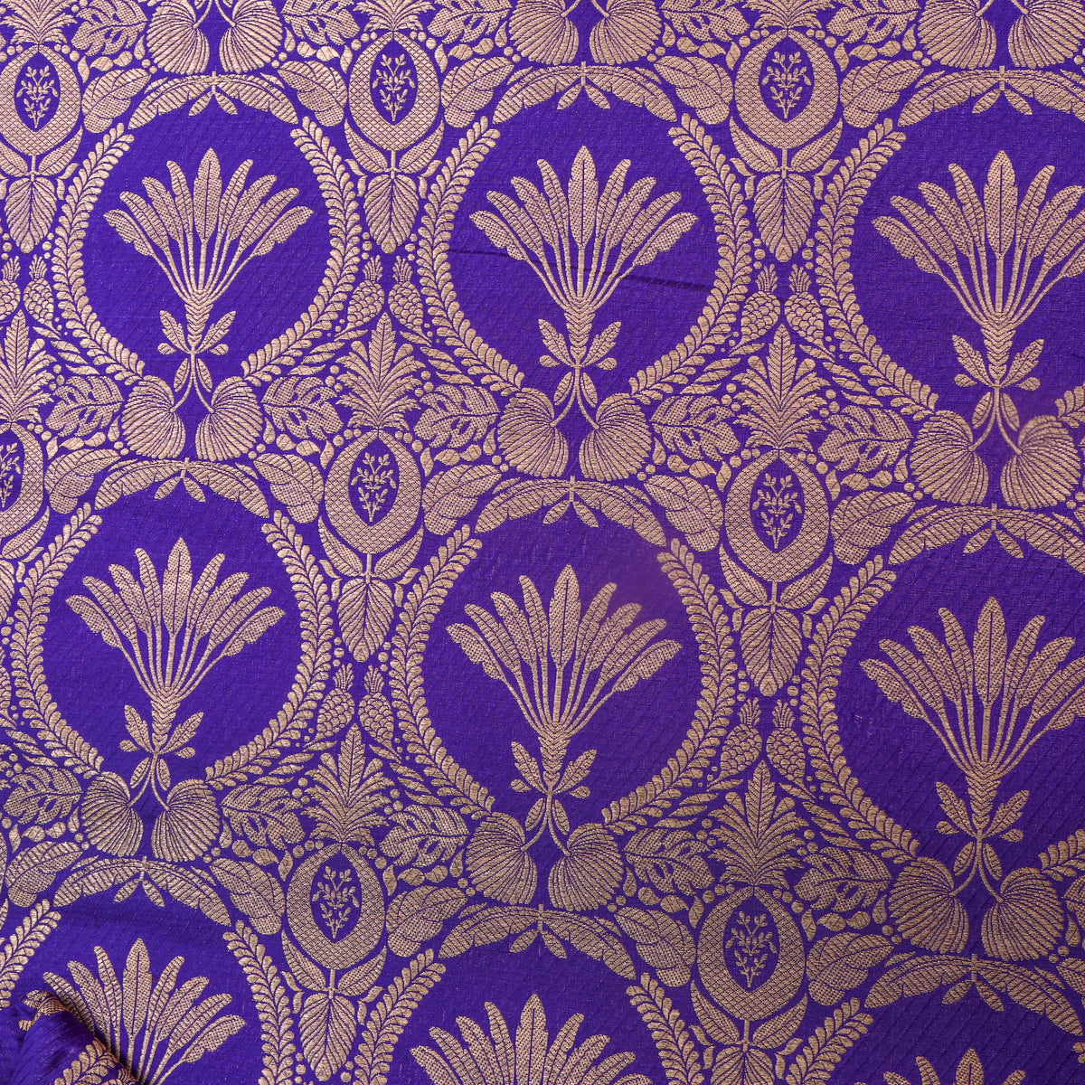 Violet Blue Gold Floral Medallion Jamawar Silk Fabric