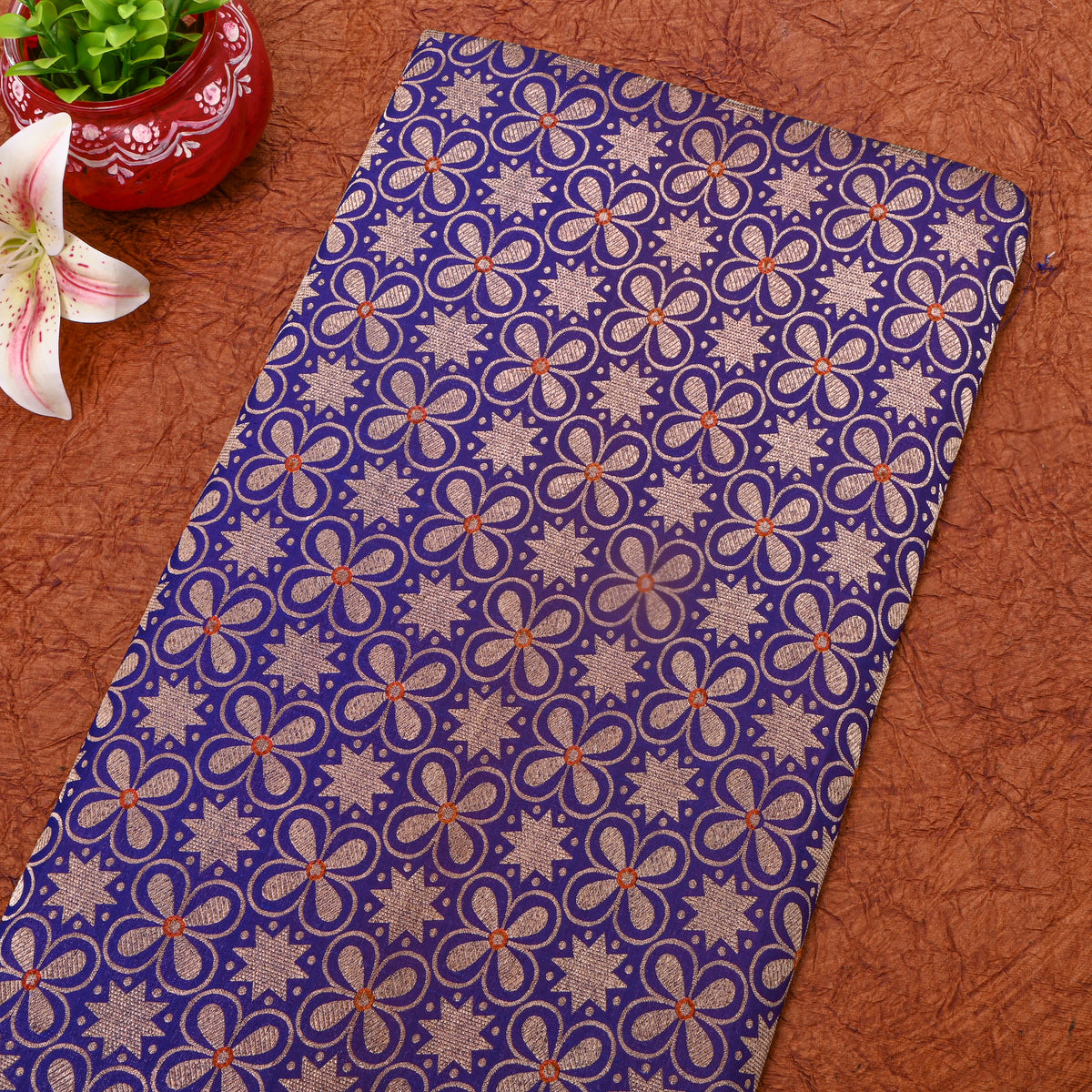 Indigo Blue Gold Floral Star Brocade Self Weave Jamawar Silk Fabric