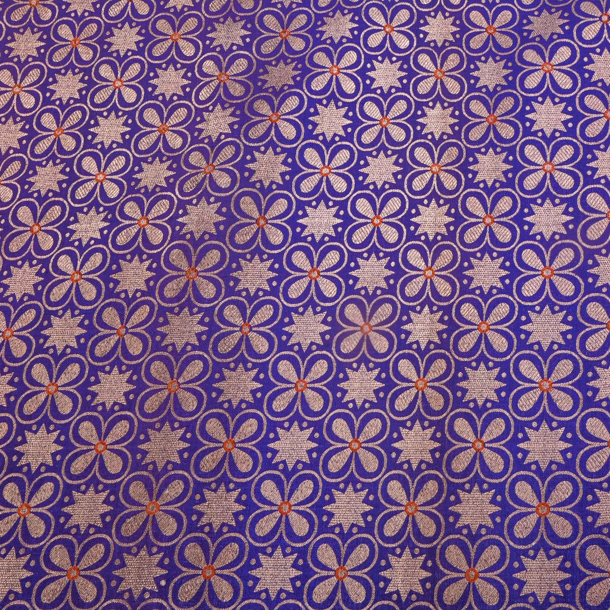 Indigo Blue Gold Floral Star Brocade Self Weave Jamawar Silk Fabric
