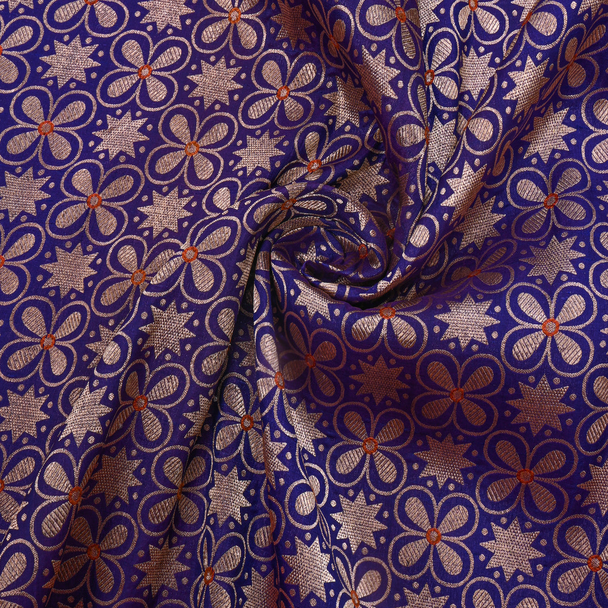 Indigo Blue Gold Floral Star Brocade Self Weave Jamawar Silk Fabric
