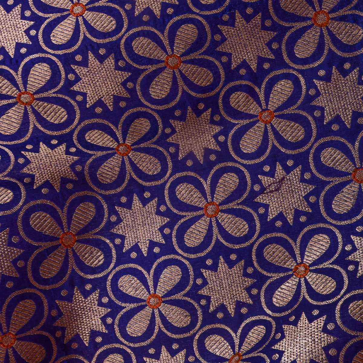 Indigo Blue Gold Floral Star Brocade Self Weave Jamawar Silk Fabric