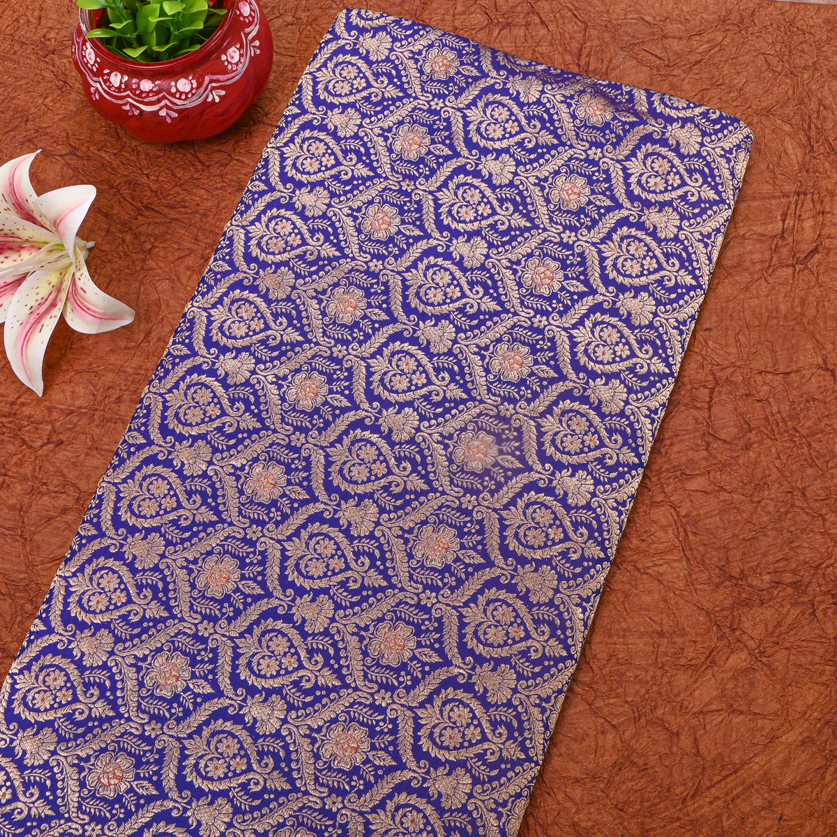 Royal Blue Gold Zari Damask Banarasi Silk Fabric