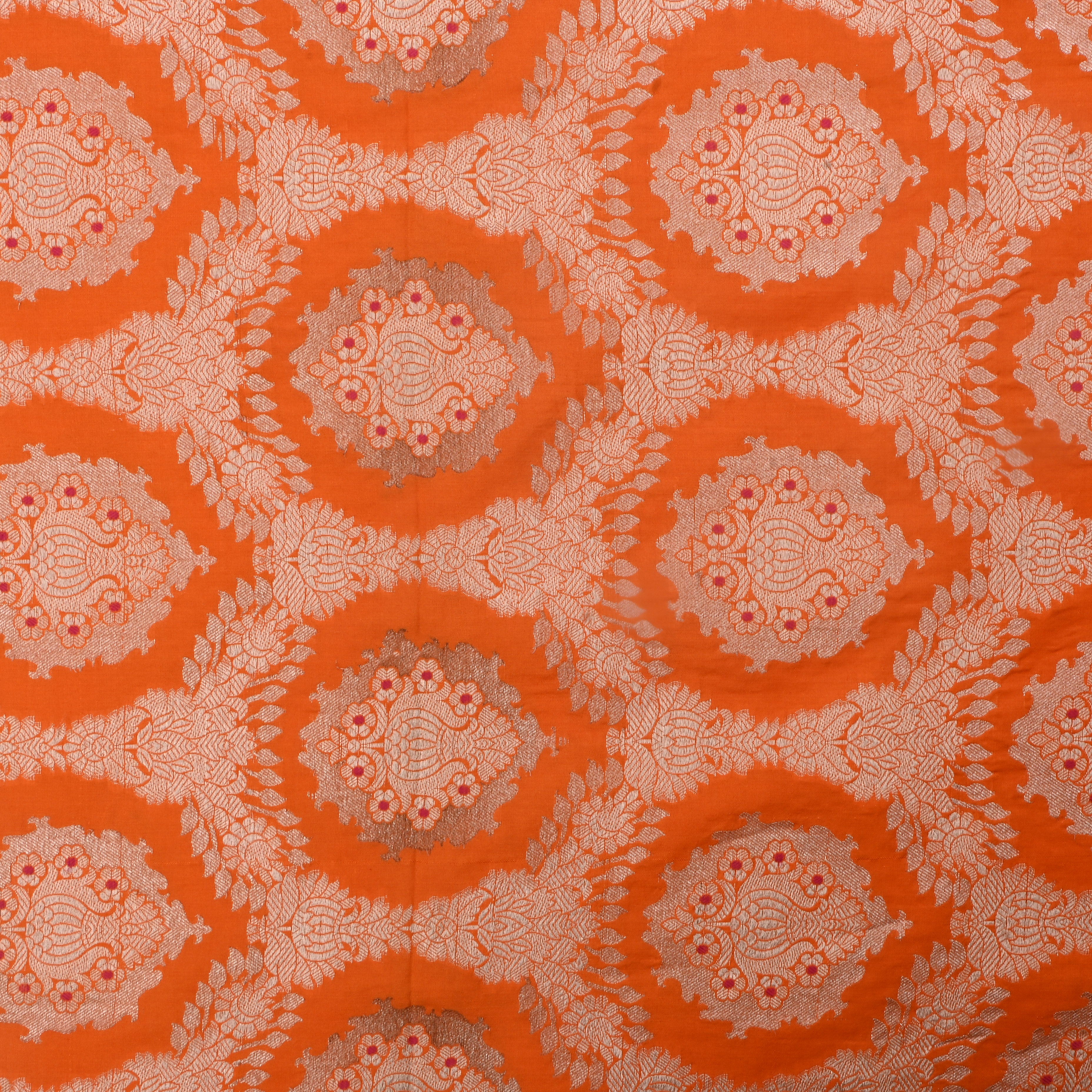 Orange Jamawar Silk Fabric With Geometric Design