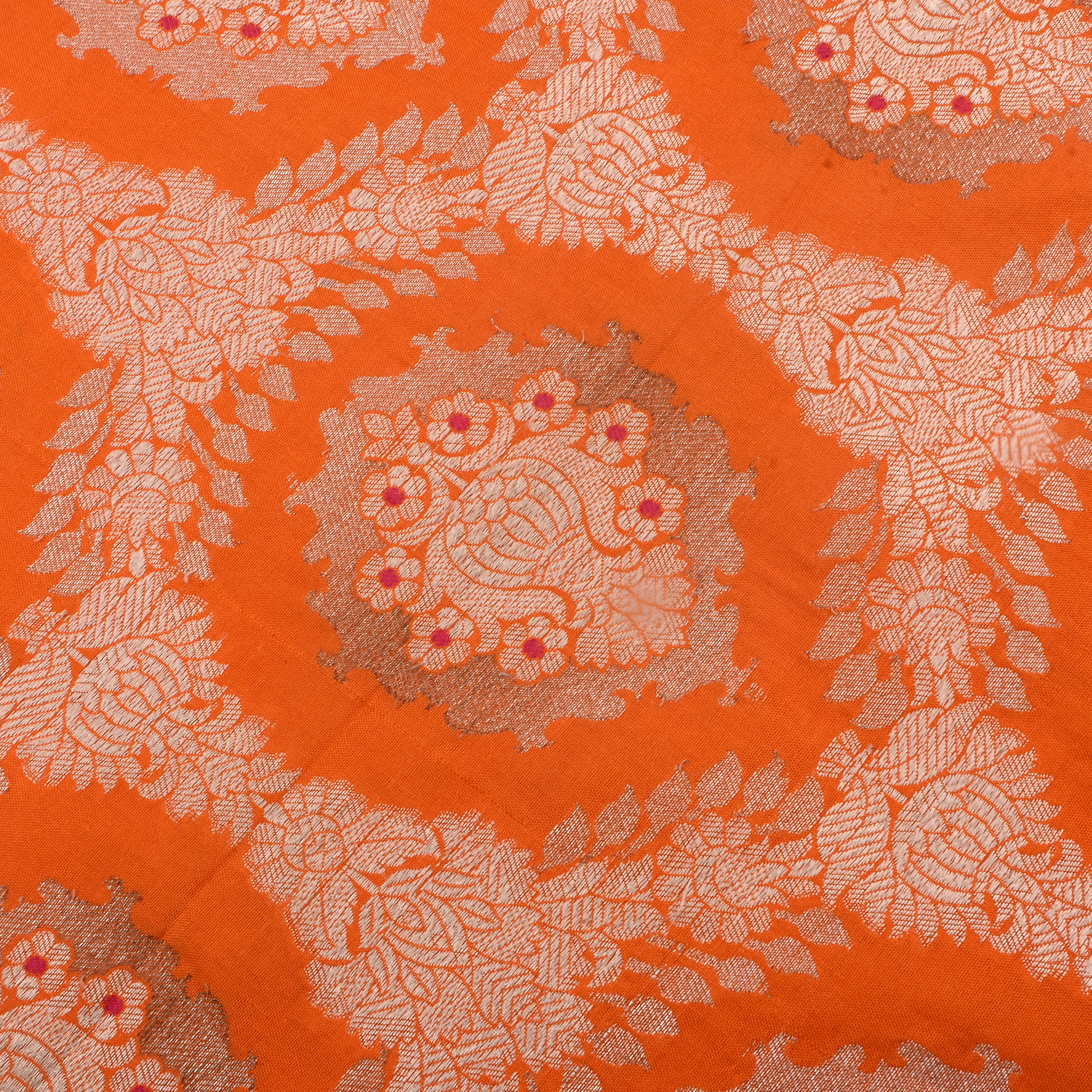 Orange Jamawar Silk Fabric With Geometric Design