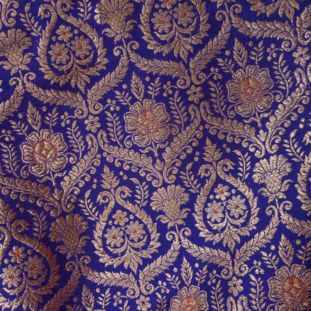 Royal Blue Gold Zari Damask Banarasi Silk Fabric