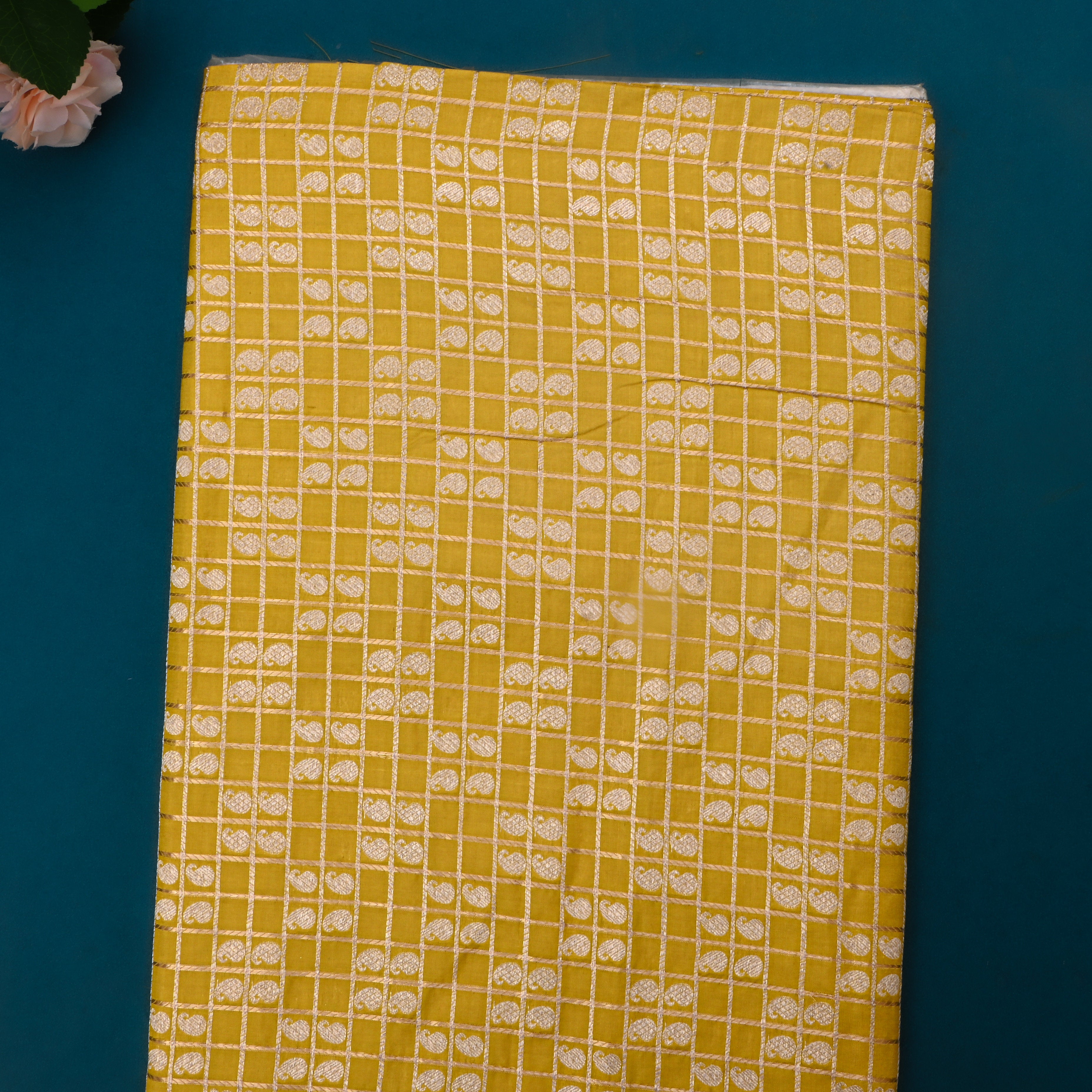 Satin Sheen Gold Jamawar Silk Fabric With Checks Pattern