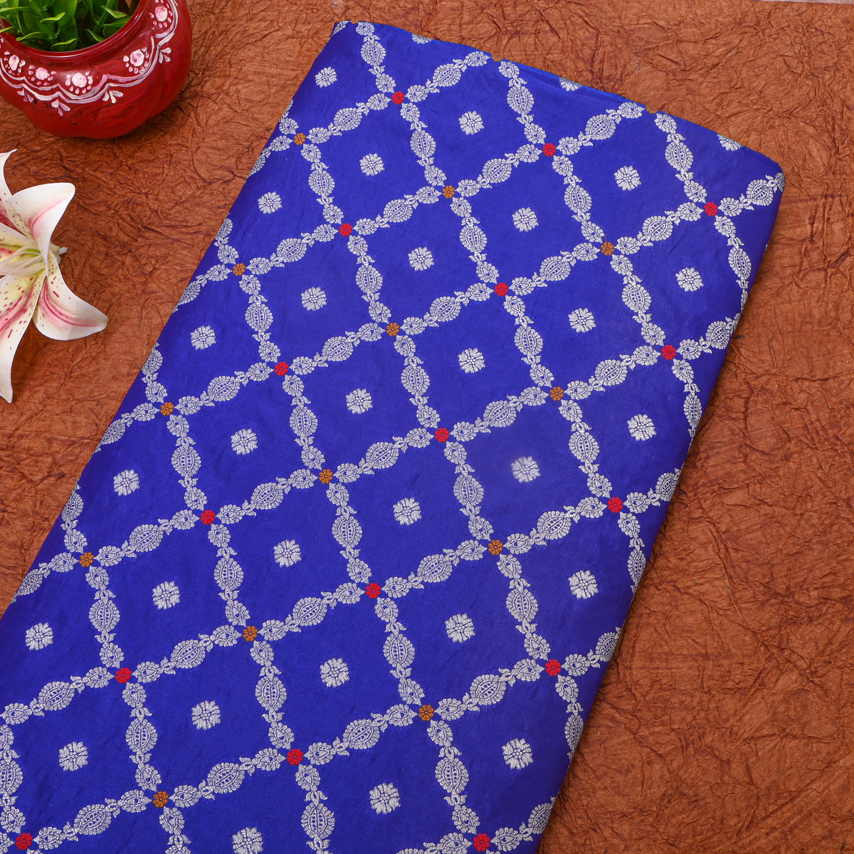 Dark Blue Silver Zari Checked Jamawar Silk Fabric