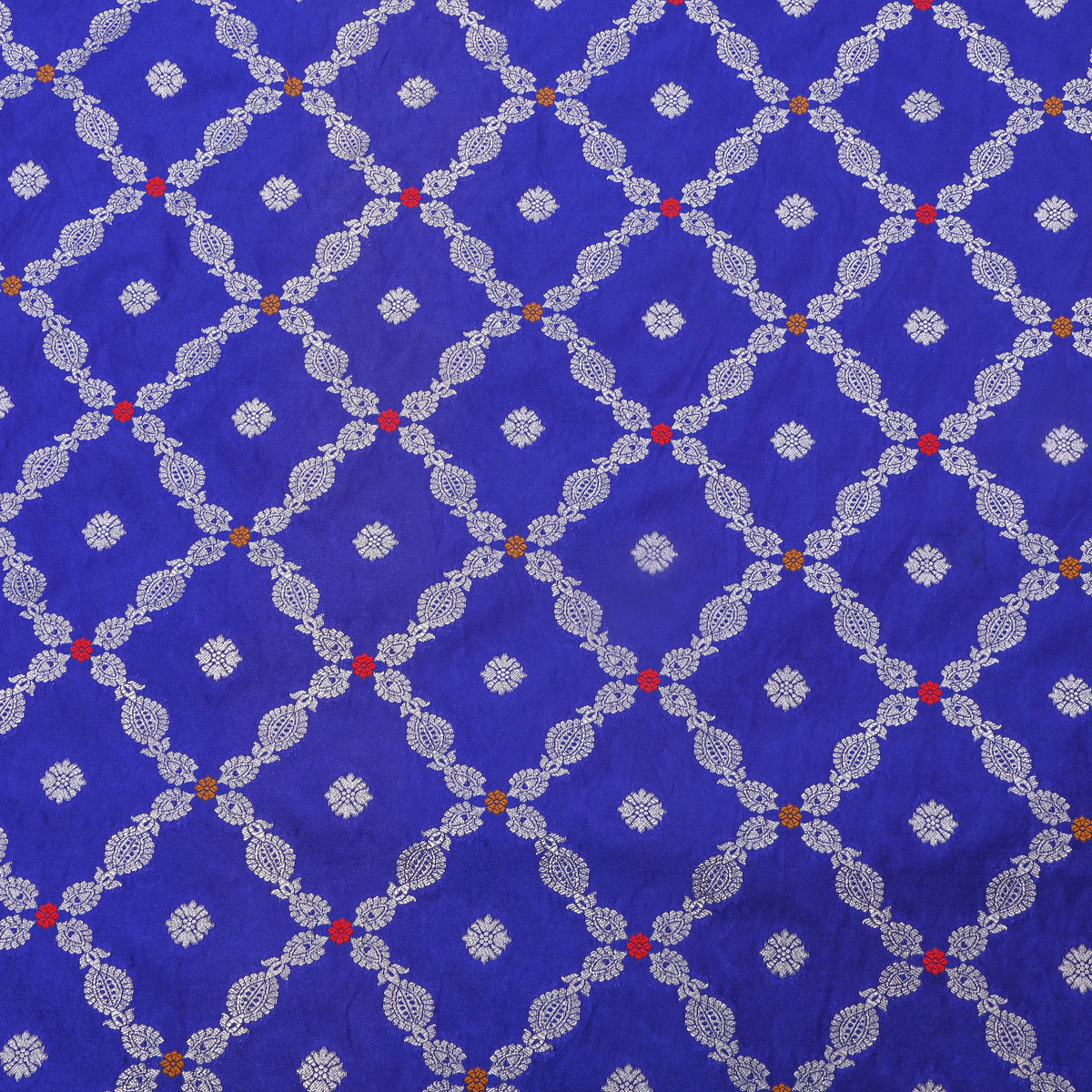Dark Blue Silver Zari Checked Jamawar Silk Fabric